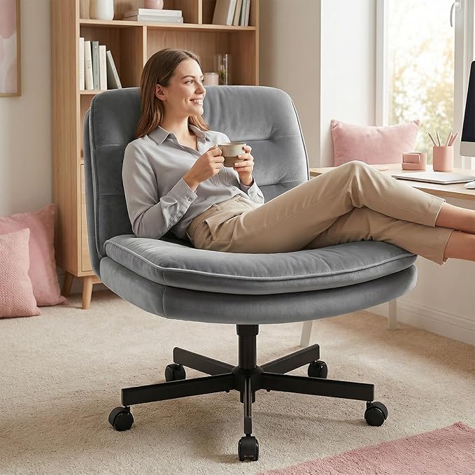 GTPLAYER Cross Legged Office Chair, Armless Desk Chair Cute Vanity Chair with Wheels Computer Chair Comfy Wide Office Chair Adjustable Swivel for Home Computer Task,Soft Velvet, Grey