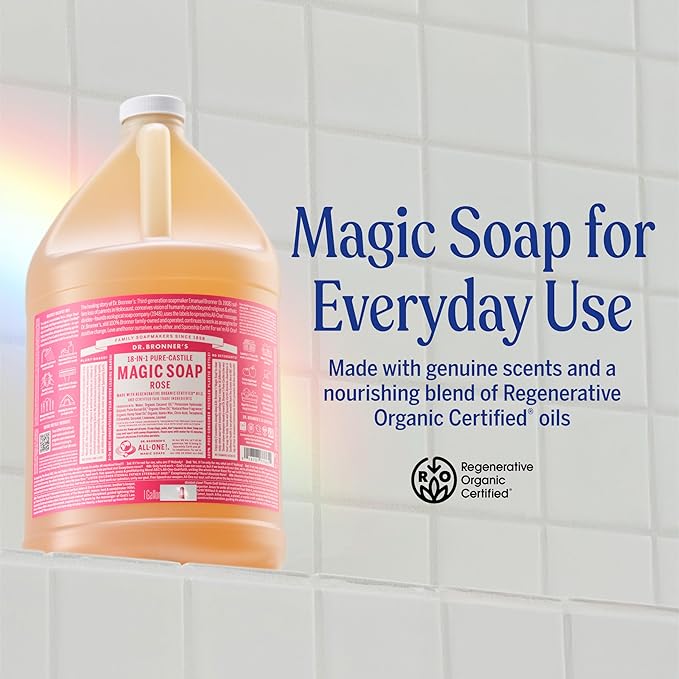 Dr. Bronner's - Pure-Castile Liquid Soap (Rose, 8 ounce) - Made with Organic Oils, 18-in-1 Uses: Face, Body, Hair, Laundry, Pets and Dishes, Concentrated, Vegan, Non-GMO