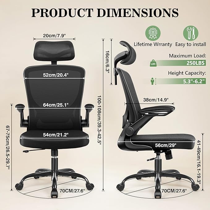 Office Chair Ergonomic Desk Chair, Breathable Mesh Office Chairs with Adjustable Lumbar Support, Flip-Up Arms, Computer Desk Chair Comfy for Home Office, Black