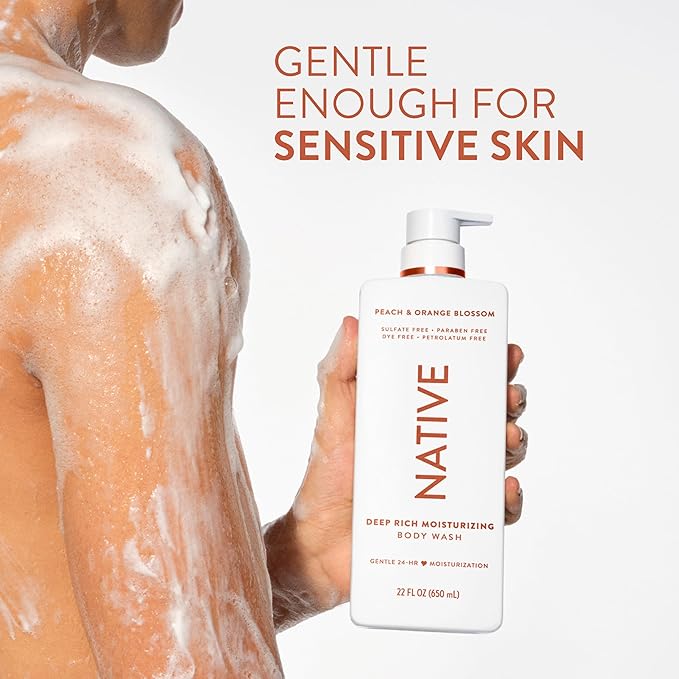Native Moisturizing Body Wash, Peach & Orange Blossom, 24-Hour Hydration for Dry & Sensitive Skin, Made with Real Shea Butter, Sulfate & Paraben Free, 22 oz