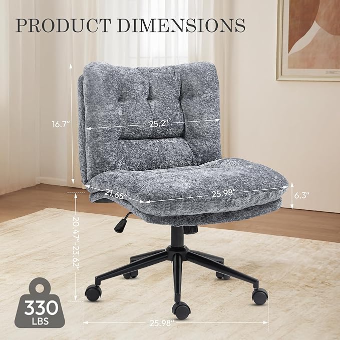 Dowinx Criss Cross Chair with Wheels, Dual-Layer Thickened Cushion, Premium Fabric Morden Home Vanity Chair Wide Seat, Ash Gray