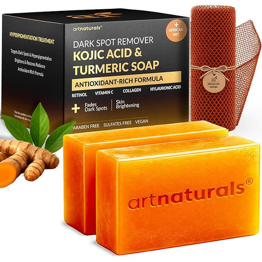 artnaturals Kojic Acid, Turmeric Dark Spot Remover Soap Bars with Vitamin C, Retinol, Collagen & Shea Butter - Original Japanese Complex Infused with Hyaluronic Acid - Includes African Net Sponge, 2 Pack