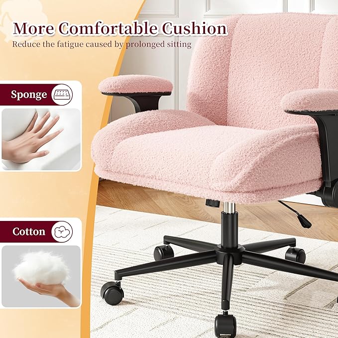 Criss Cross Chair with Wheels,Wide Cross Legged Office Chair with Flip-Up Arms & Extra-Deep Seat Thickened for Home Office, Vanity Chair for Apartment,Plush Cushion,Comfy,Pink