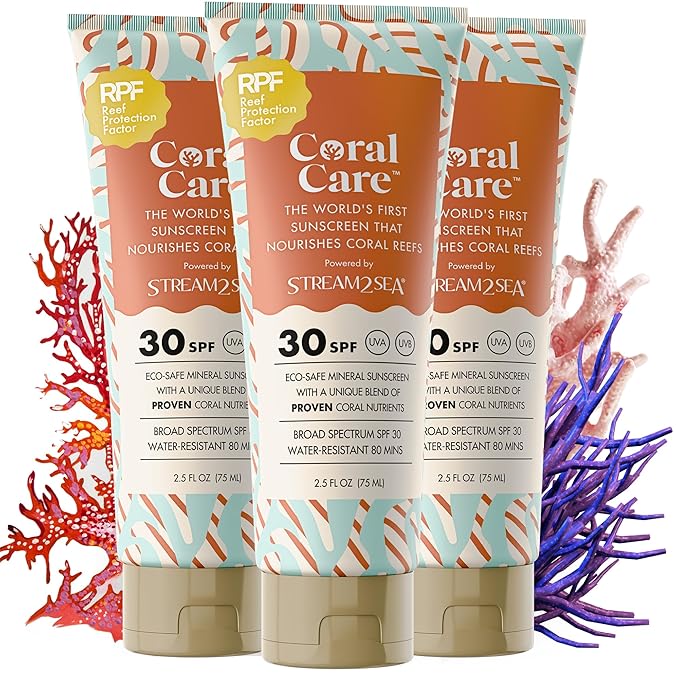 Stream2Sea Coral Care - Reef Safe Sunscreen SPF 30 Travel Size - First Reef-Approved Natural Mineral Sun block Boosts Coral Growth, Water resistant, Biodegradable, Eco-Friendly - 3 Pack
