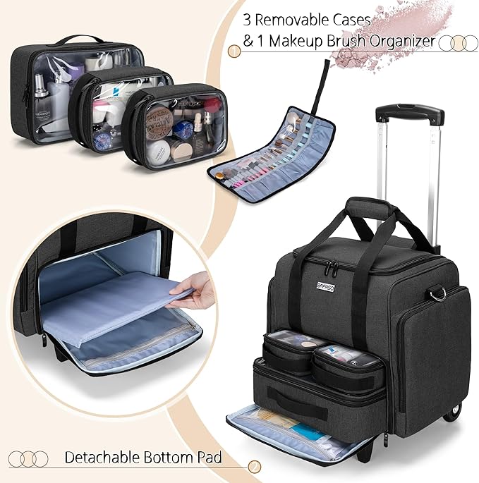 BAFASO Rolling Makeup Case with 3 Removable Pouches and 1 Makeup Brush Bag, Professional Makeup Train Case Cosmetic Bag with Detachable Dolly (Patented), Black
