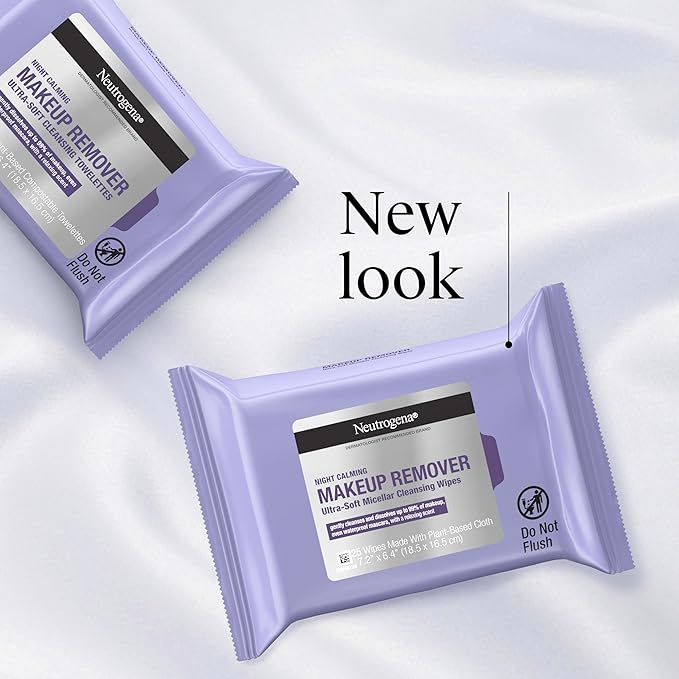 Neutrogena Makeup Remover Night Calming Cleansing Towelettes, Disposable Nighttime Face Wipes to Remove Dirt, Oil & Makeup, 25 ct