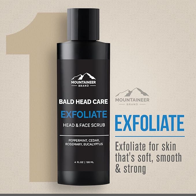 Mountaineer Brand Bald Head Care Gifts For Bald Men | All Natural 4 Step Daily Skin Care for Healthy Scalp & Face | Exfoliate Scrub | Cleanse Wash | Shine Away PH Balance | Protect Moisturizing Balm
