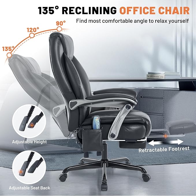 Massage Office Chair with Heating Function & Footrest, 6-Point Vibration, Ergonomic Executive Reclining Desk Chair with Padded Seat for Relaxation, Comfort & Stress Relief