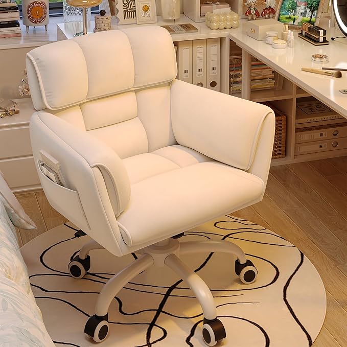Home Office Chair with Wheels Soft-Touch Material,Modern Cute Vanity Chair with Back Adjustable Height Upholstered Comfy Desk Chairs with Side Pockets for Bedroom,White