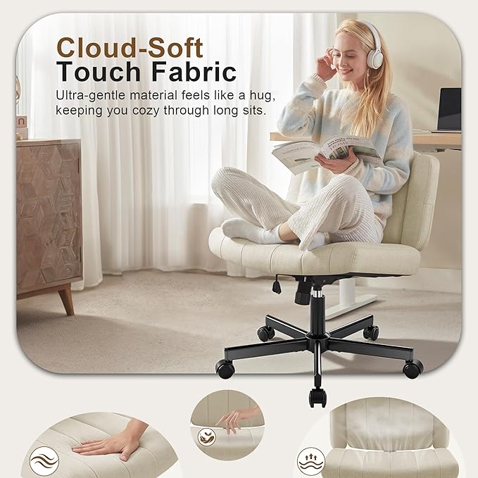Criss Cross Chair with Wheels - Wide Seat Cross Legged Office Chair with Flip-up Arms - Comfy Swivel Rolling Desk Chair with Thick Cushion and Rocking Function for Home Office Vanity Bedroom