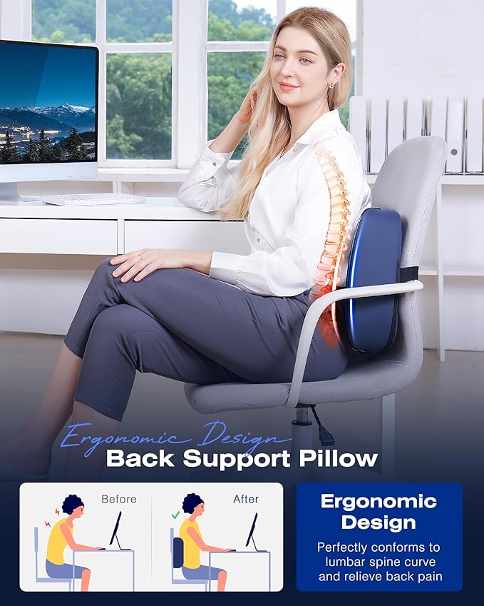 Heated Lumbar Support Pillow for Office Chair, Ergonomic Back Support Pillows with Vibration, Memory Foam Chair Back Massager for Pain Relief, 3 Heat Levels & 3 Massage Modes, Gifts for Mon Dad