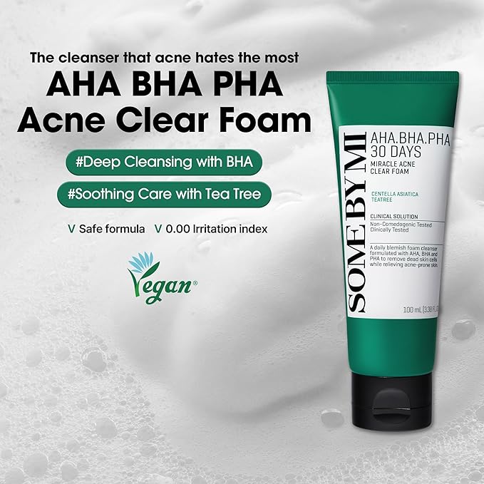 SOME BY MI AHA BHA PHA 30 Days Miracle Acne Clear Foam – Pack of 2 – Korean Acne Face Wash for Smooth & Clear Skin – Salicylic Acid Cleanser for Exfoliation & Sebum Control – Korean Skin Care