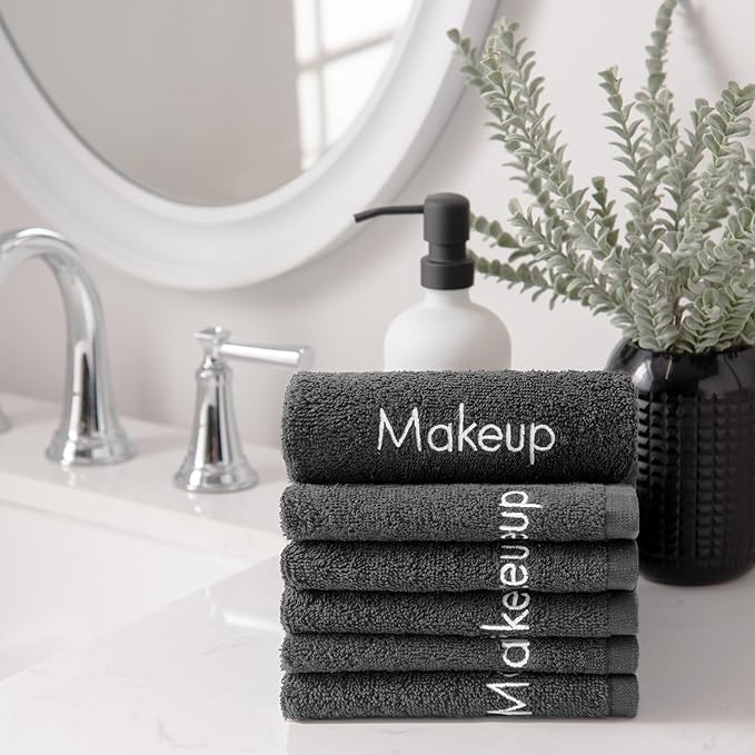 Arkwright Makeup Remover Fingertip Towels 6 Pack - 100% Cotton Face Towels, Soft Reusable Washcloths, Gentle Facial Cleansing for Waterproof Makeup, 11 x 17, Grey