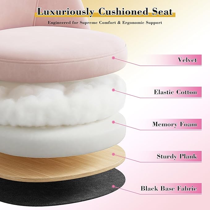 EnHomee Vanity Chair with Wheels, Pink Desk Chair with Back, Small Office Chair Armless for Makeup Room, Bedroom, Home Office