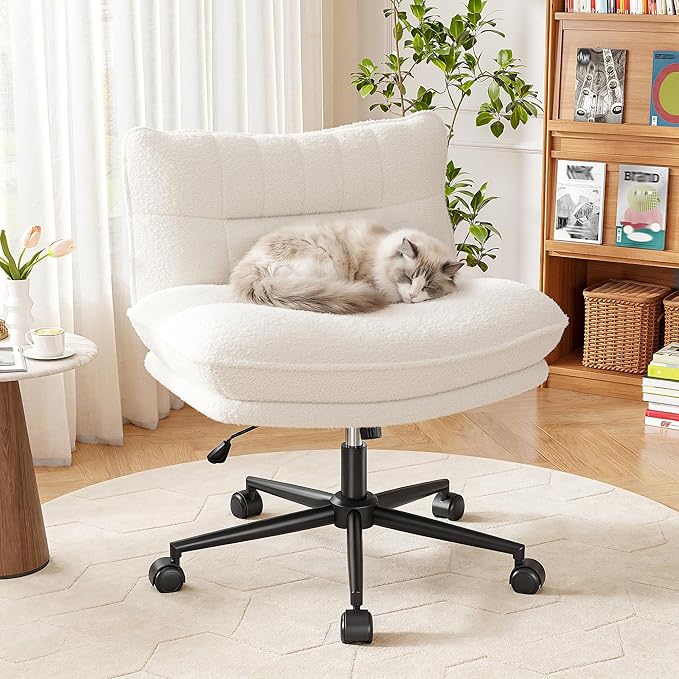Criss Cross Chair with Wheels, 7" Extra Thick Cross Legged Office Chair, Height Adjustable Swivel Design for Home Office, Study & Vanity,White