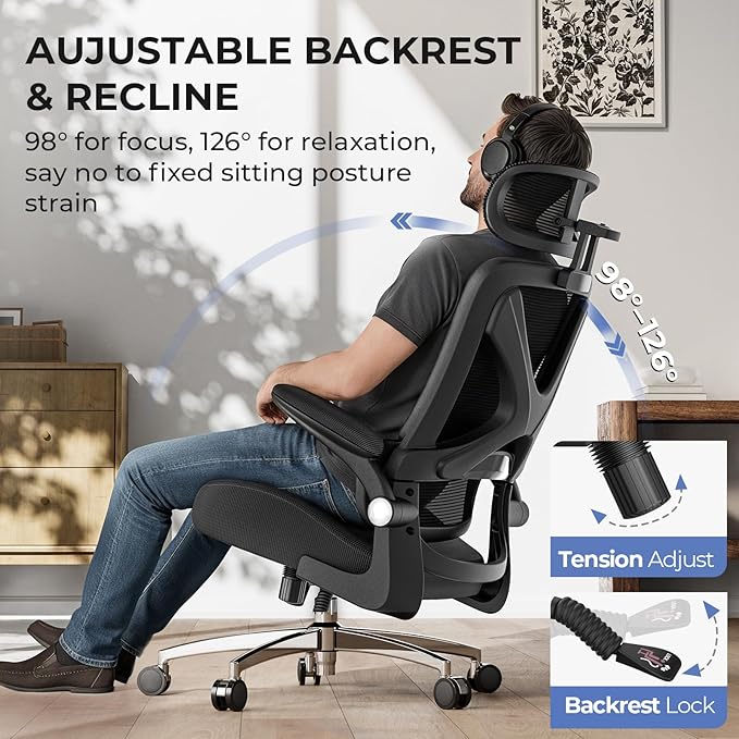 Ergonomic Office Chair with Headrest, Lumbar Support, Flip-Up Armrests, Thick Memory Foam Seat - 350lbs Capacity, Adjustable Height for Big & Tall, Perfect for Home Office Studios