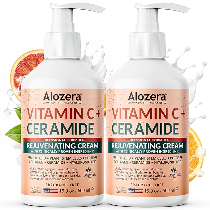 Alozera Vitamin C Ceramide Moisturizer Cream, Rejuvenating Face & Body Lotion with Plant Stem Cell, Helps Brighten and Even Skin Tone, Non-Greasy, Lightweight, Fragrance-Free, 16.9 oz (2-Pack)