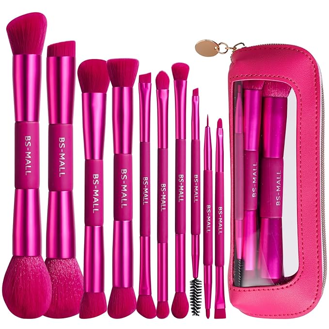 BS-MALL Double-ended Makeup Brush Set With Concealer Brush & Foundation Brush, Eyeshadow Brush- Travel-friendly Multi-purpose Brushes In Makeup Bag For Daily Use (10 PCS Hot Pink)