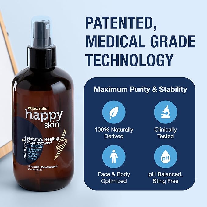 Happy Skin .02% Hypochlorous Acid Spray Toner– Extra Strength, Extra Gentle 100% Natural Toner & Skin Cleanser for Face & Body– Soothe, Hydrate & Repair Dry, Sensitive Skin– pH Balanced, Non-Toxic 8oz