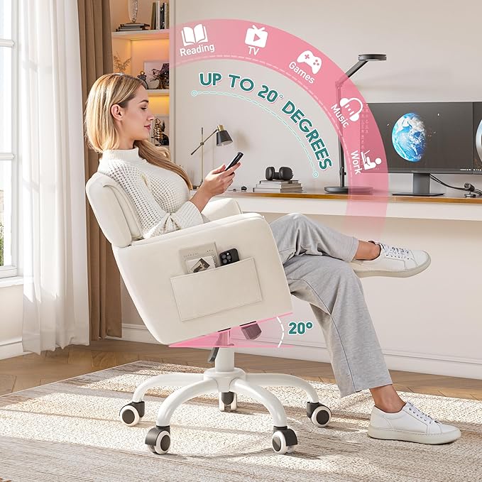 Home Office Chair with Wheels Soft-Touch Material,Modern Cute Vanity Chair with Back Adjustable Height Upholstered Comfy Desk Chairs with Side Pockets for Bedroom,White