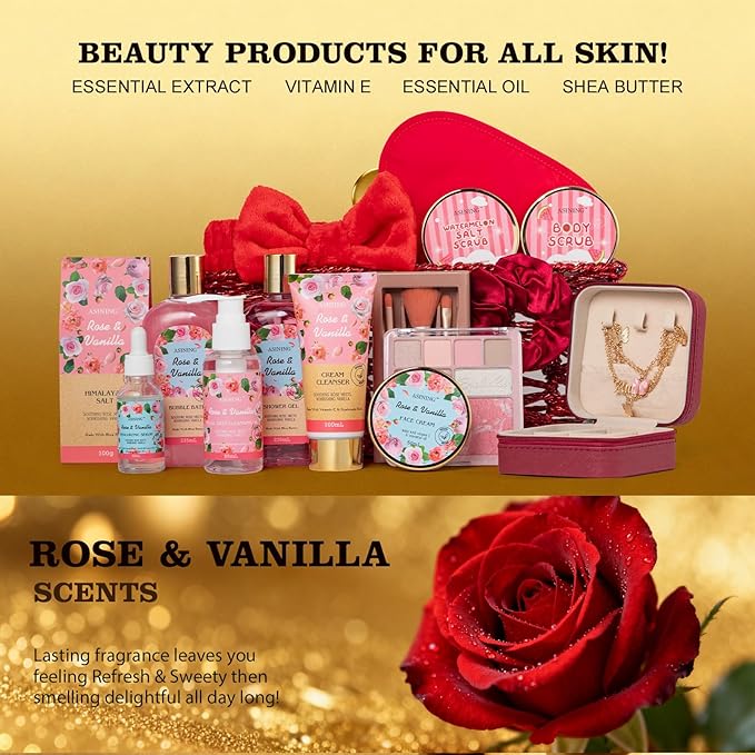 Bath and Body Gift Basket Set Mothers Day, 16 Pcs Luxury Rose & Vanilla Scent Spa Gift Basket Set for Women, Watermelon Body Scrub, Perfect Bath & Body Gift Set, Home Spa Bath Pamper Gifts Teens