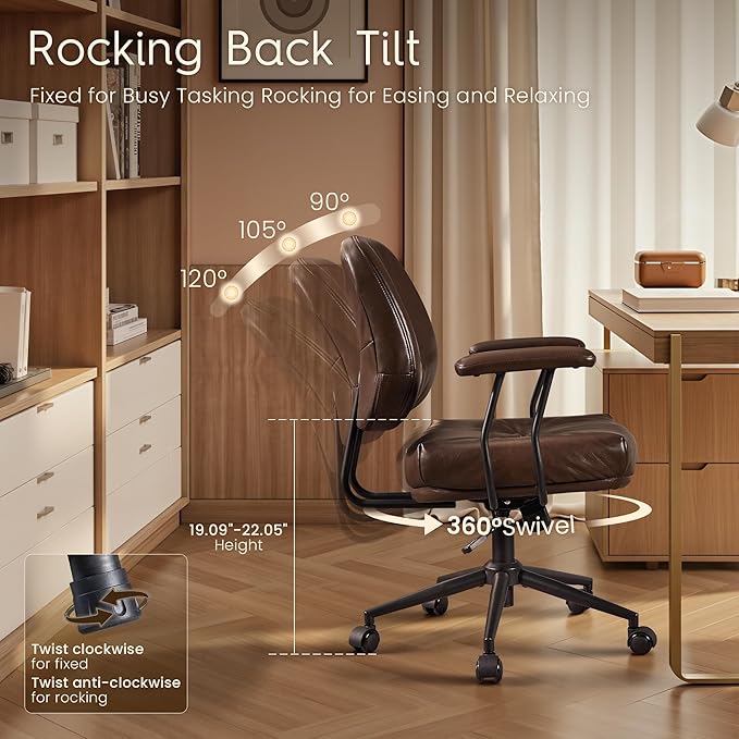 HOOOWOOO Ergonomic Office Chair,Mid Century Modern Computer Desk Chair,Comfy Executive Chair with Extra Wide Tufted Cloudy Seat Lumbar Support Rocking Back,PU Leather Dark Brown