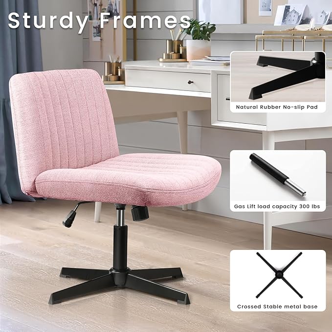 PUKAMI Criss Cross Chair,Comfy Cross Legged Office Desk Chair No Wheels,Modern Fabric Swivel Adjustable Height Mid Back Wide Seat for Home Office Computer (Pink)