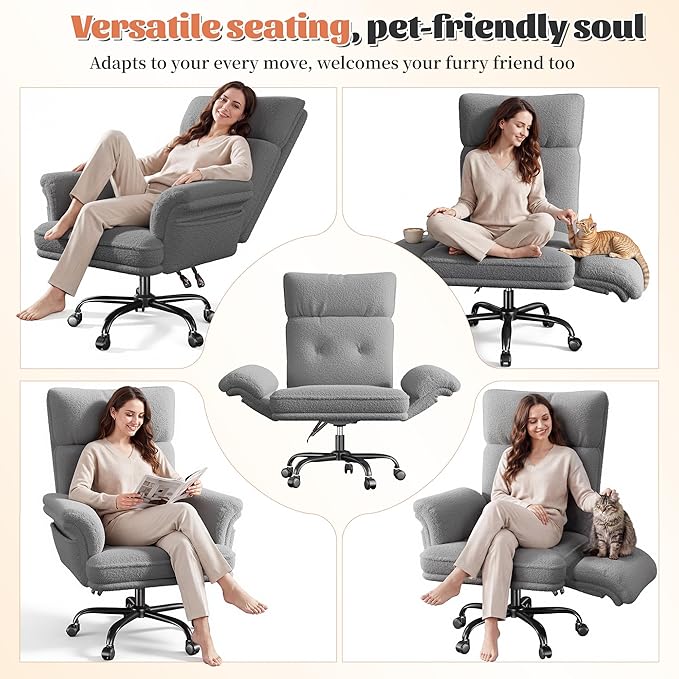 Office Chair with Wheels & Side Pockets,Flip Armrests for Pets & Cross Legged Sitting,Ergonomic Adjustable Vanity Chair –Teddy Plush Office Desk Chair for Home, Makeup and Bedroom,Grey