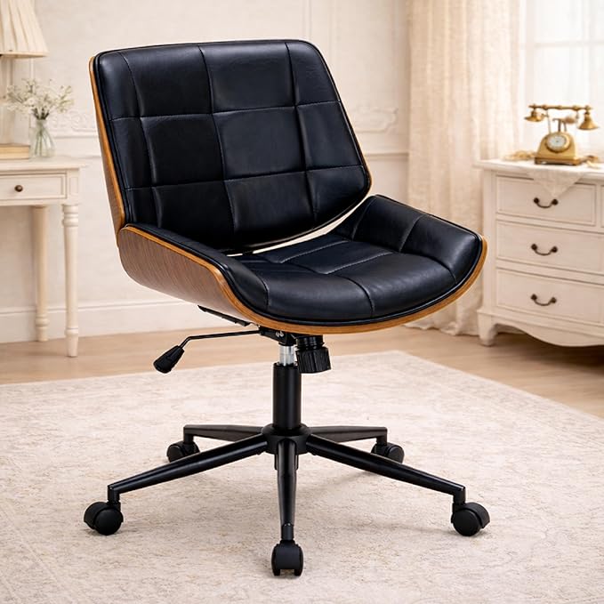 Leather Home Office Chair No Arms,Armless Adjustable Height Small Desk Chair,Swivel Computer Chair with Wheels,Mid-Century Modern Walnut Mid Back Chair for Office, Reading Room,Bedroom(Black)