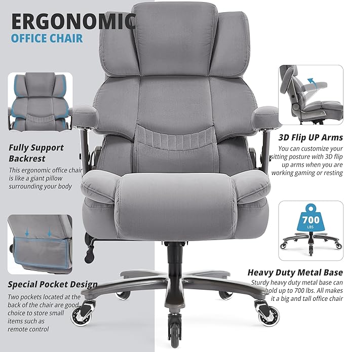 Big and Tall Office Chair 700lbs- Fabric High Back Executive Computer Chair with Adjustable Lumbar Support 3D Flip Arms Plus Size Rubber Wheels- Extra Wide Large Desk Chairs, Heavy Duty Metal Base