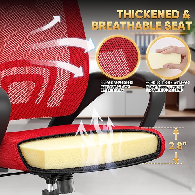 Magshion Ergonomic Office Desk Chair, Mid-Back Mesh Computer Chair, Swivel Chair with Breathable Backrest & Lumbar Support, Adjustable Height for Gaming, Work, Study, 300 Lbs Capacity, Red