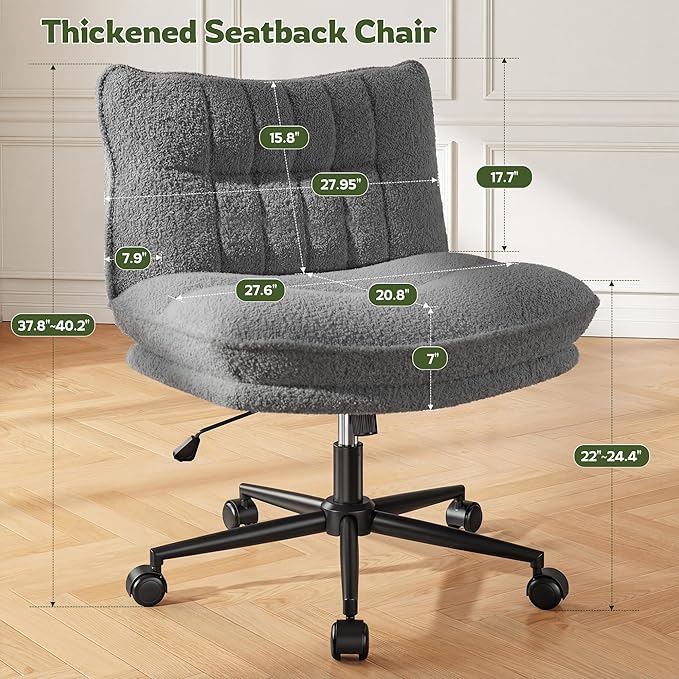 Criss Cross Chair with Wheels, 7" Extra Thick Cross Legged Office Chair, Height Adjustable Swivel Design for Home Office, Study & Vanity,Gery