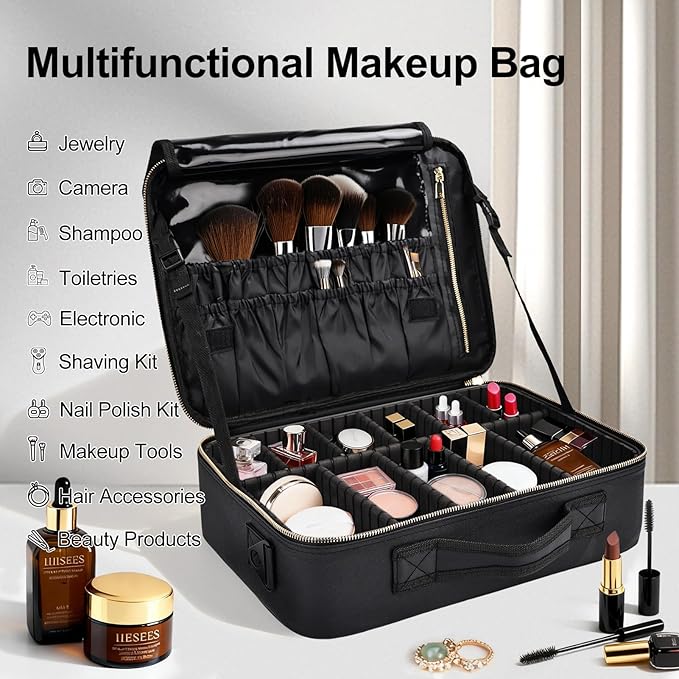 Travel Makeup Bag with Brush Holder, Professional Cosmetic Train Case Organizer, Portable Travel Makeup Brush Carry Case Artist Storage Box with Adjustable Dividers and Shoulder Strap, Leather Black