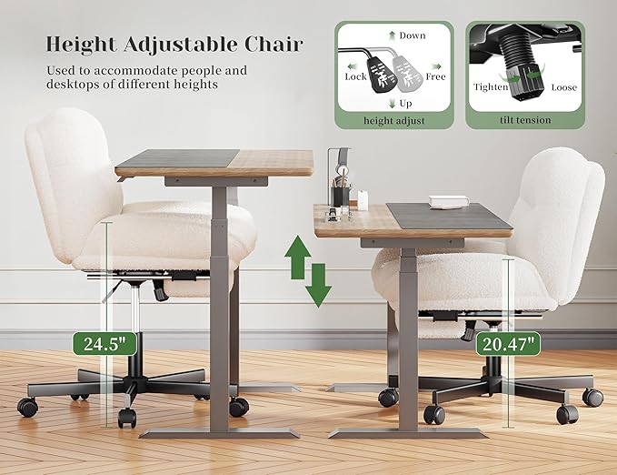 Cross Legged Office Chair with Foot Rest, 6.3" Thick Cushioned Criss Cross Chair with Wheels, Height Adjustable Swivel Vanity Chair for All-Day Comfort (White)