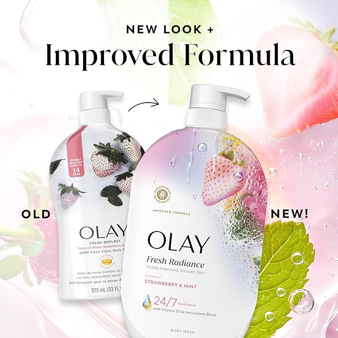 Olay Body Wash for Women, Fresh Radiance, 24/7 Skin-Loving Freshness, Visibly Radiant, Plant Based Cleansers, Vitamin B3 & Antioxidant Blend, For All Skin Types, Strawberry & Mint Scent, 35 fl oz