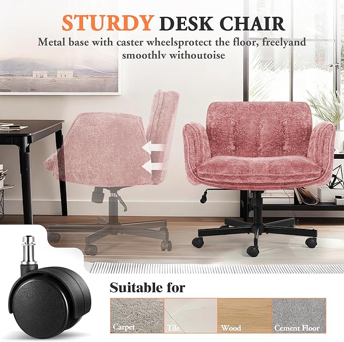 Criss Cross Chair with Wheels & Arms, Chenille Cross Legged Office Chair with 5-level Folding Armrest, Comfortable Adjustable Swivel Vanity Chair for Home, Make Up, Bed Room, Office, Accent (Pink)