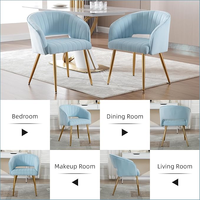 ABET Desk Chair with No Wheels, Velvet Home Office Armchair Gold Legs, Upholstered Modern Accent Chairs, Side Chair for Living Room Bedroom Vanity, Light Blue