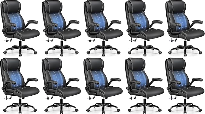 Ergonomic Office Chair - Desk Computer Chair, Leather High Back Executive Chairs with Adjustable Lumbar Support & Flip Up Arms, Black 10 Pack