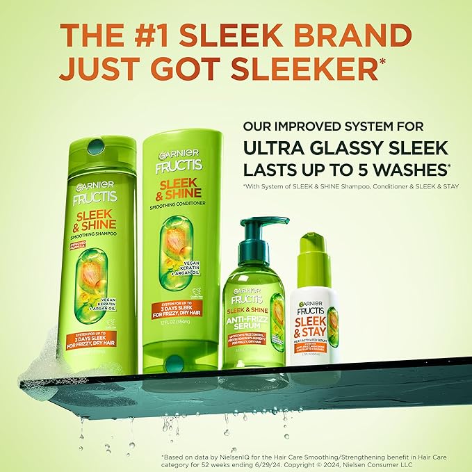 Garnier Fructis Sleek & Shine Conditioner, Smoothing Conditioner for Frizzy, Dry Hair with Argan Oil and Vegan Keratin, 33.8 Fl Oz (Packaging May Vary) (Pack of 2)