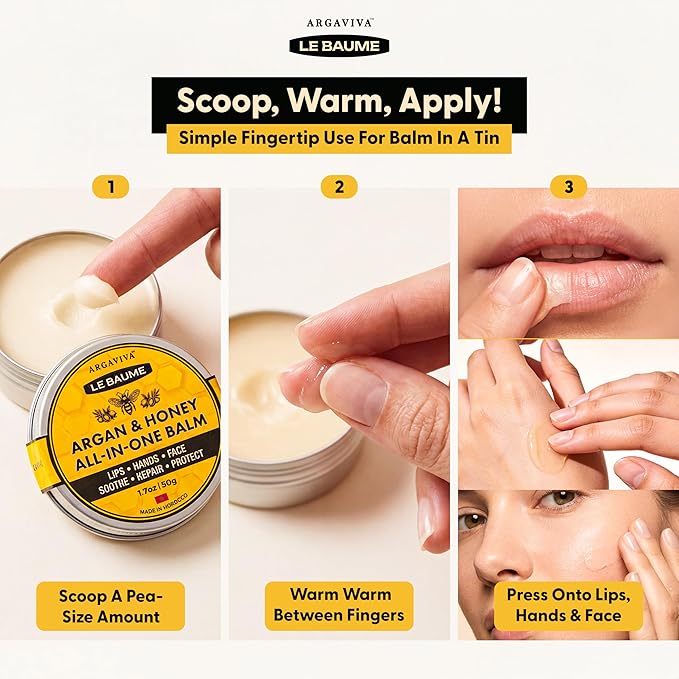 Le Baume French Lip Balm Lip Moisturizer in Tin, Moroccan Argan Oil and Honey, All-In-One Multi-Use Skin Balm for Chapped Lips Hands Face, Waterless, Non-Greasy, Travel Friendly, 1.7 Oz