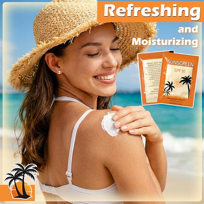 Leelosp Pack of 100 Mini Sunscreen Packets Bulk SPF 30+ Travel Size Sunscreen Lotion Moisturizing for Summer Party Favors Thank You Gifts