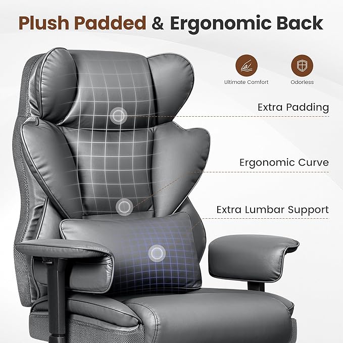 Big and Tall Office Chair - High Back Executive Chair with Footrest & Lumbar Support for Heavy People, Adjustable Arms, Padded Wide Seat Computer Gaming Chair, Gray 2 Pack