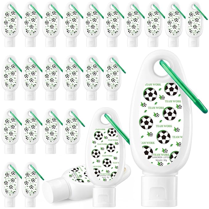 Leelosp 24 Pcs Soccer Team Gift Bulk Mini Sunscreen Travel Size 1oz Sport Party Favor Sunscreen Keychain with Clip Spf 30 Fragrance Free Broad Spectrum Soccer Accessories for Girl