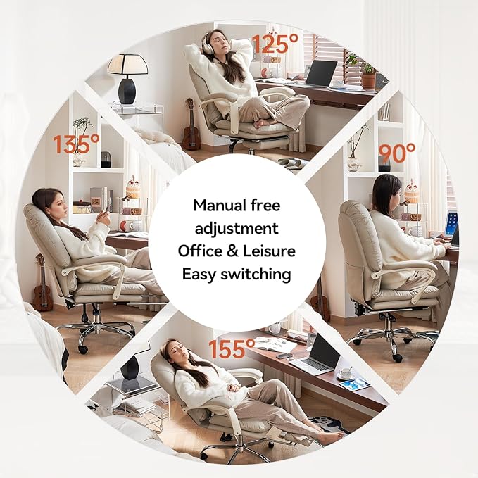 EMIAH Office Chair with Foot Rest Criss Cross Chair with Wheels Ergonomic Reclining Executive Office Chair Mid Back Genuine Leather Swivel Computer Chairs Lumbar Support for Home Office (Beige)