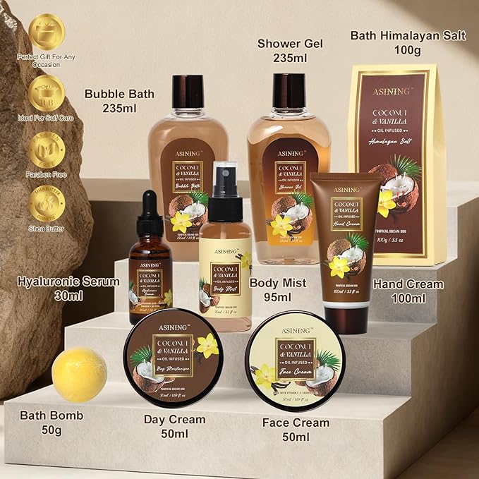 19-Piece Bath and Body Gift Basket Set for Women - Coconut Vanilla Gift, Spa Gift Basket, Face Skin Care Set, Bath Gift Set Self Care Gift for Mothers Day, Fathers Day, Birthday, Christmas, Valentines