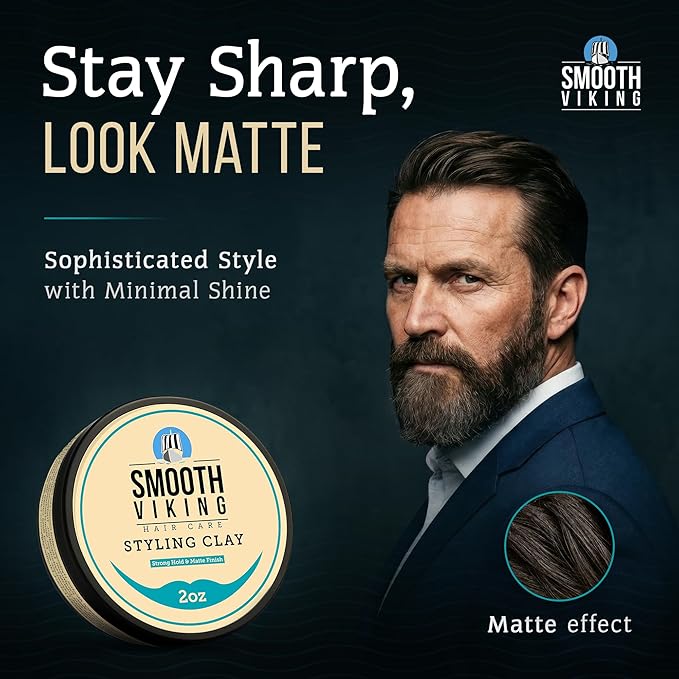 Smooth Viking Hair Clay for Men - Strong Hold Clay Pomade, Matte Finish, Oil-Free, Made in USA, All Hair Types, Natural Scent, Easy Wash Out, Thickening, Nourishing, 2oz
