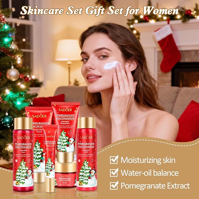 Gifts for Women 6 Pcs Skin Care Set Pomegranate Moisturize Soothe Hydrate Gifts for Teenage Girls Stocking Stuffers-Cleanser,Toner,Lotion,Face Cream,Eye Cream,Sleep Mask