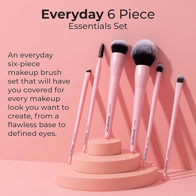 MCoBeauty - Everyday 6 Piece Essentials Brush Set - Complete Makeup Brush Collection for Face, Eyes & Brows, Soft Synthetic Bristles - Makeup Brushes Set, Brochas para Maquillaje