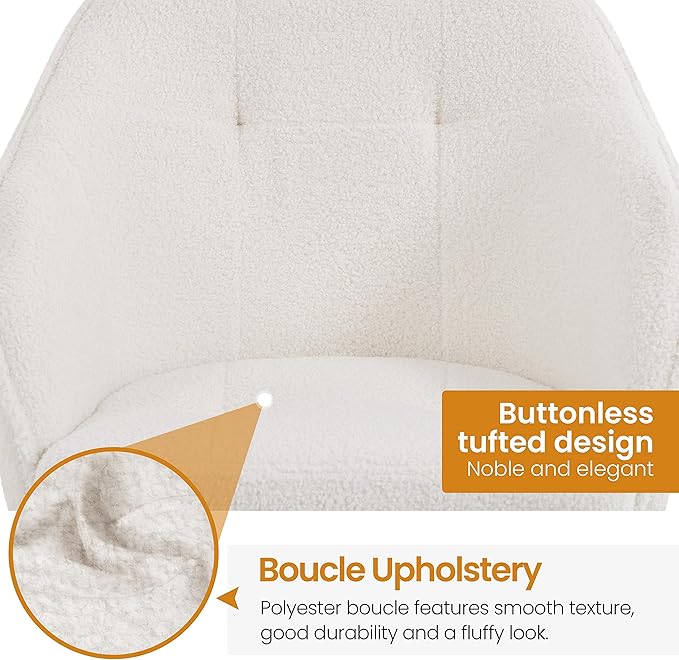 Yaheetech Boucle Desk Vanity Chair with Back Comfy Fluffy Swivel Office Chair with Wheels Adjustable Height Tilt Angle for Bedroom Ivory
