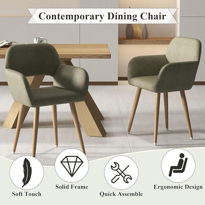 Home Office Desk Chair Set of 4, Corduroy Fabric Vanity Chair for Makeup with Hollow Backrest, Comfy Armchair Wood Frame with Strudy Metal Legs, Dark Green